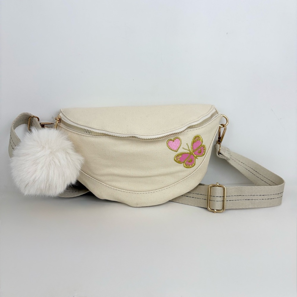 Underonesky Canvas Butterfly Fluffy Pom Pom Belt Bag Fanny Pack NWT